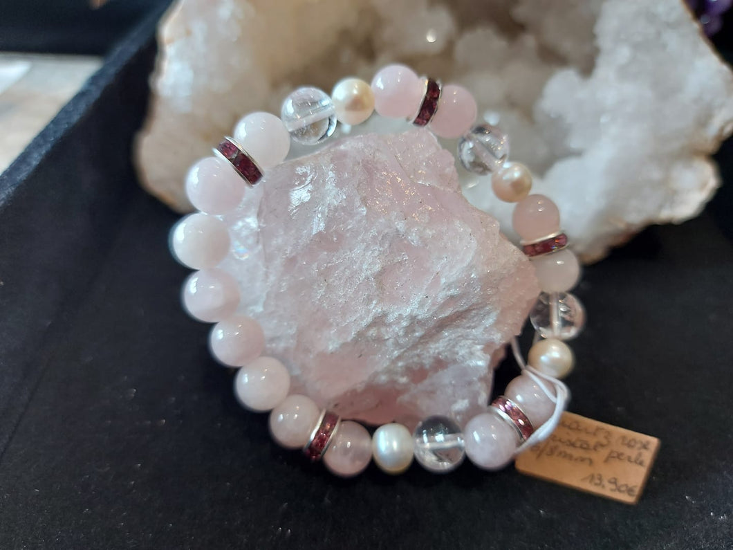 Bracelet QUARTZ ROSE, CRISTAL & PERLES DOUCES