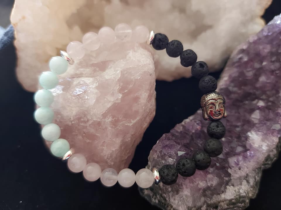 Bracelet « HARMONIE » PIERRE DE LAVE/ AMZONITE/ QUARTZ ROSE