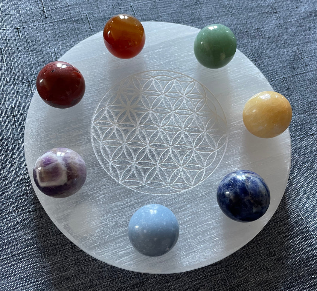 Coupelle en Sélénite / Fleur de vie + 7 chakras